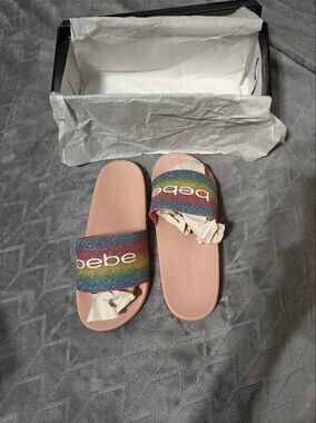 bebe Pink Rainbow Glitter Slide Sandals - 9M